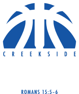 Blue basketball with a cross imposed on top. Words underneath saying "Creekside Synergy Basketball, Romans 15:5-6"