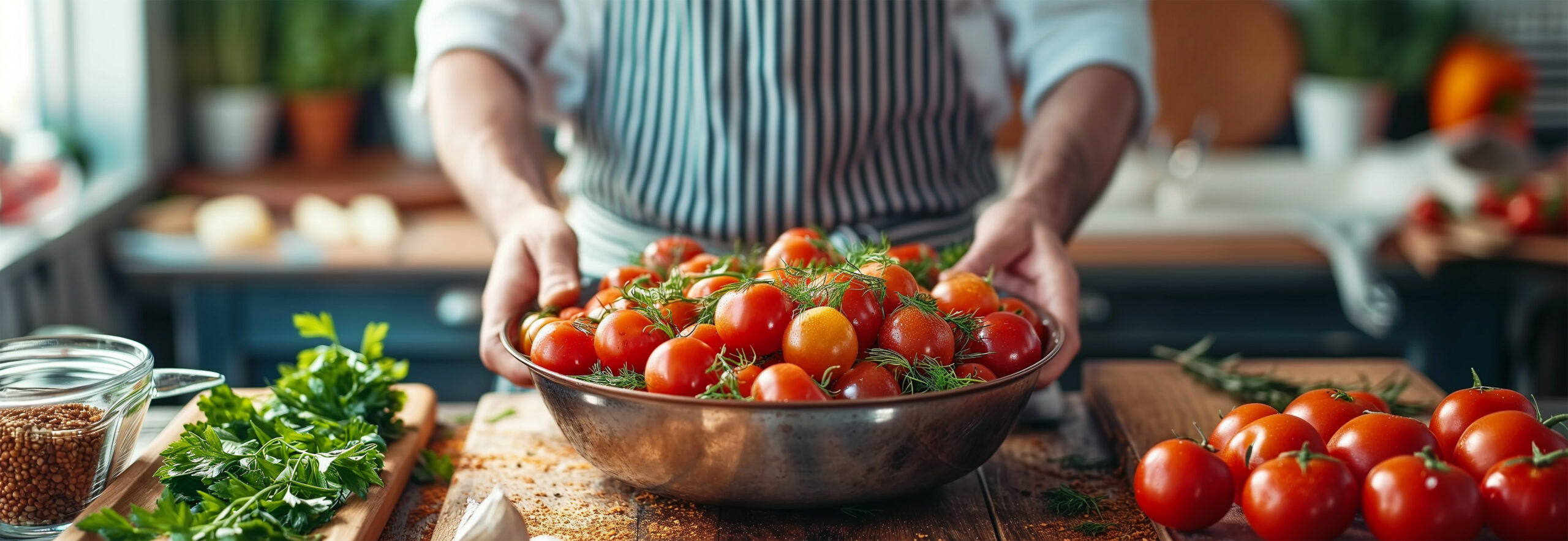 Panoramic banner of hands preparing fresh vegetables on table. Healthy vegetarian cooking concept with tomatoes, herbs and seasonings. Indoor kitchen scene with copy space for advertising.