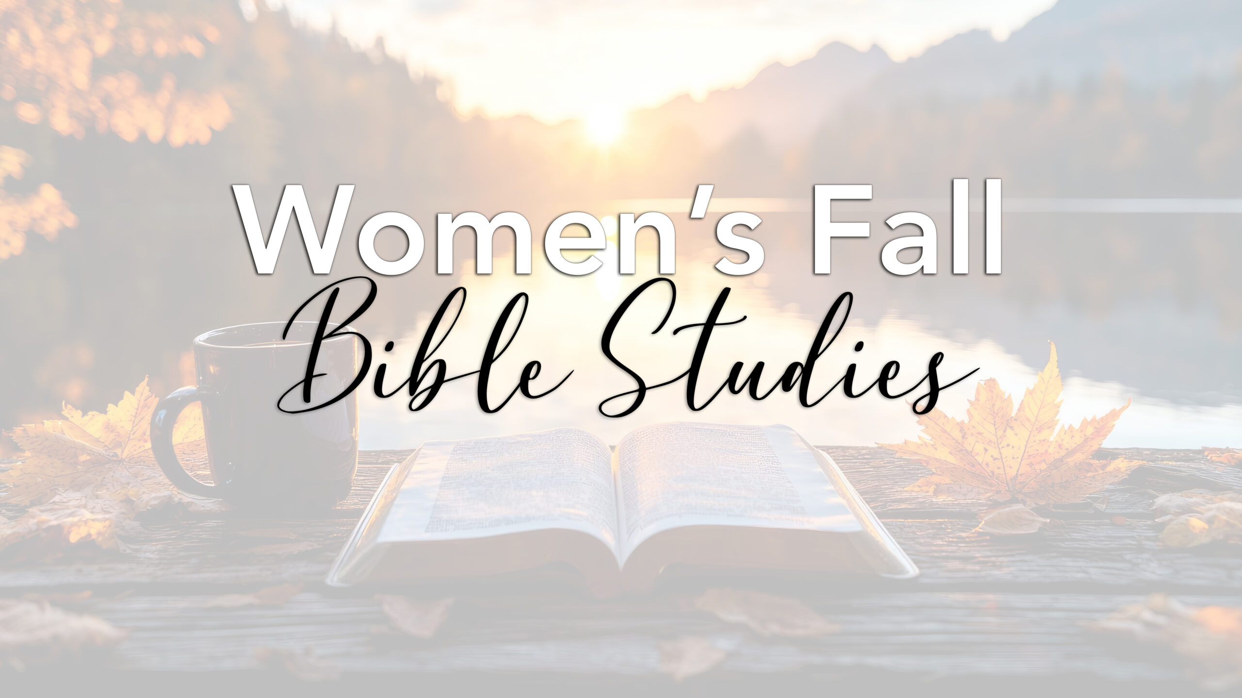 Autumn sunrise lake, open bible, coffee, peaceful scene, meditation