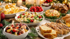 festive Christmas potluck dinner featuring variety of delicious dishes including salads, roasted meats, and desserts, all beautifully arranged on table adorned with holiday decorations.
