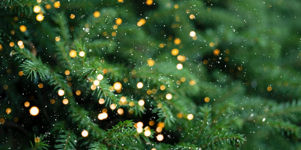 Christmas tree branches with a garland against falling snow.