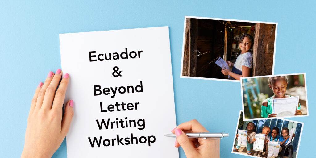 Overhead shot of female hands writing with pen over empty white sheet of paper on blue background